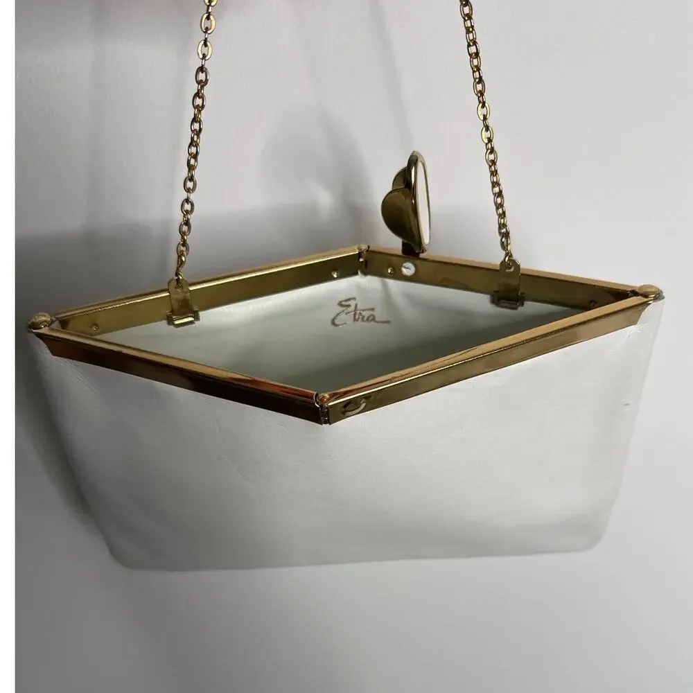 70s Etra white clutch with gold metal frame and matching gold chain strap